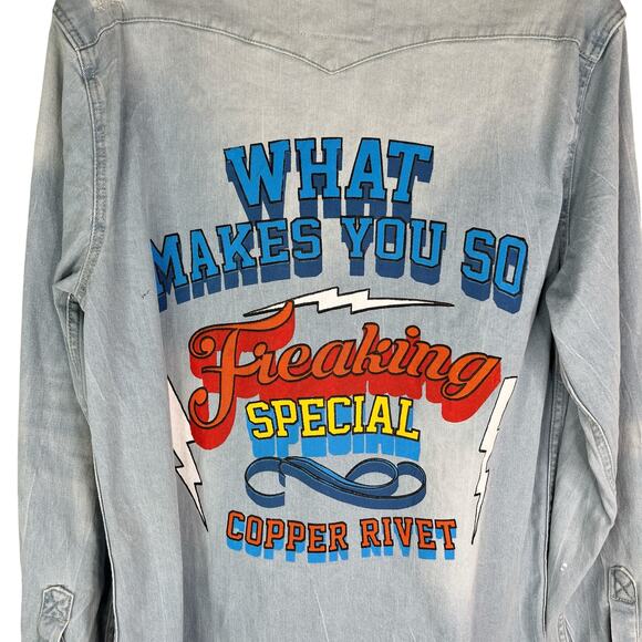 Copper Rivet Light Blue Denim Shirt Snap Button Graphic Prints Large - Picture 4 of 12